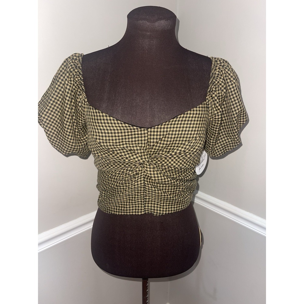 Rabbit Rose Gingham Plaid Puff Sleeve Crop Top Y2K‎ Coquette Size M Black Gold
